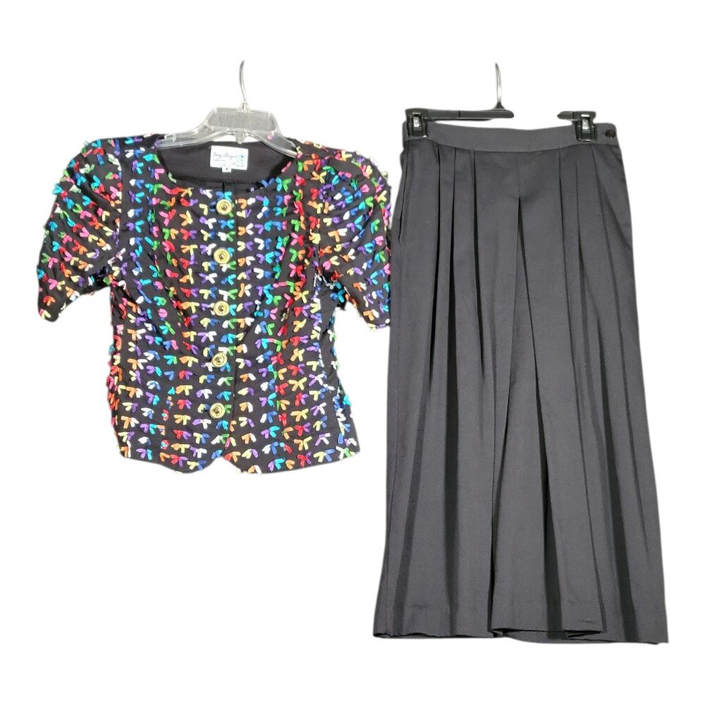 Gay Boyer Vintage Retro 80s 90s Bow Puff Sleeve Blouse Black Pleated Skirt Sz 6 - Picture 2 of 15
